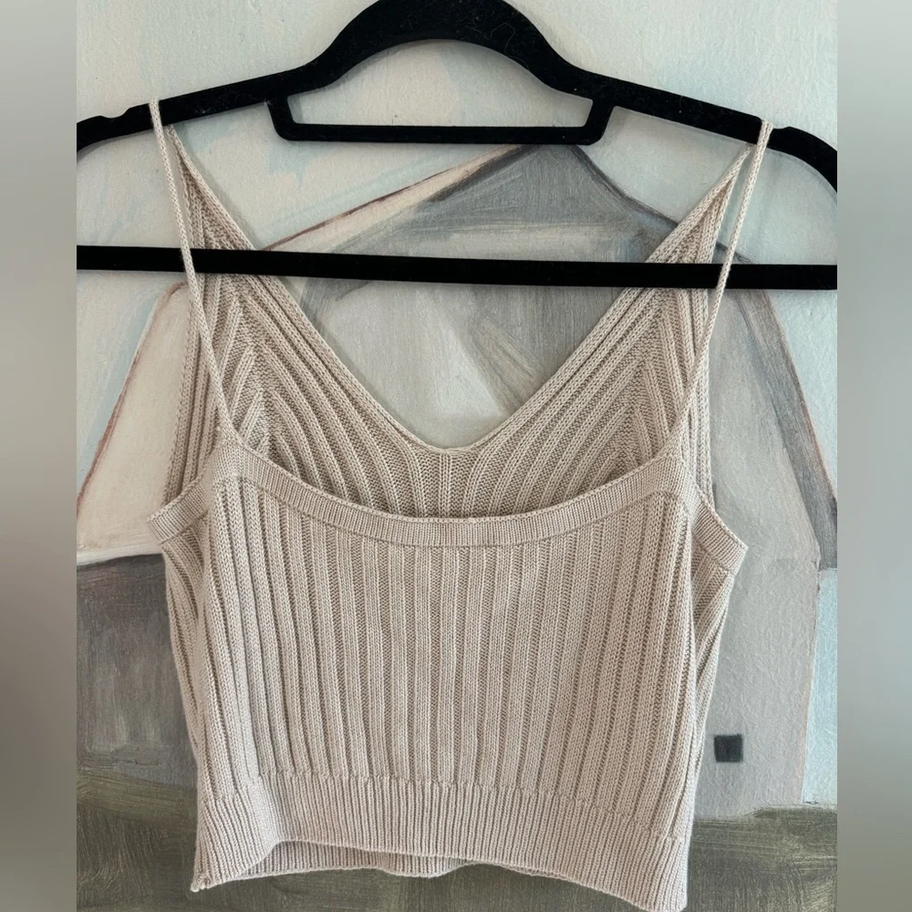 Women’s V Neck Sleeveless Ribbed Knit Crop Cami Tank Bodycon Cream O/S - Picture 6 of 9